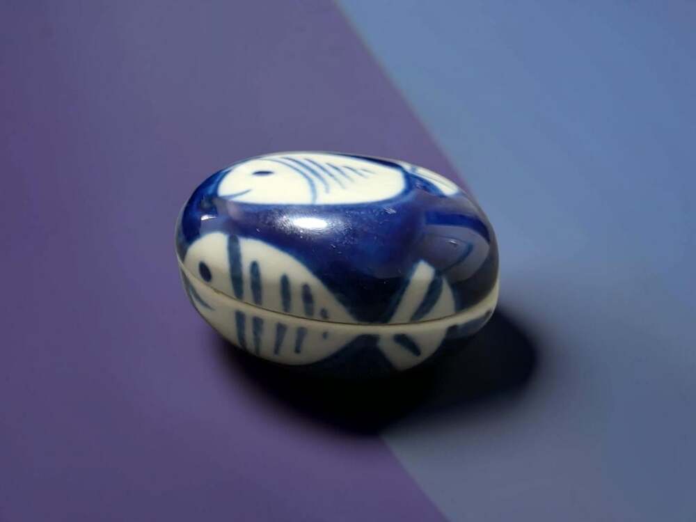 Vintage Hand-Painted Blue and White Ceramic Fish Motif Oval Trinket Box with Lid